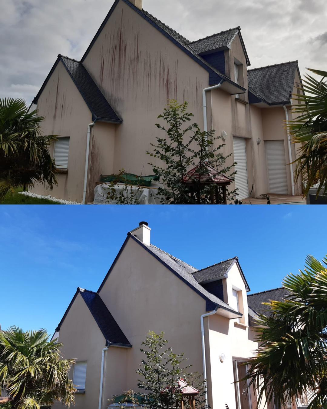 Avant et après le nettoyage d’un pignon près de Vannes